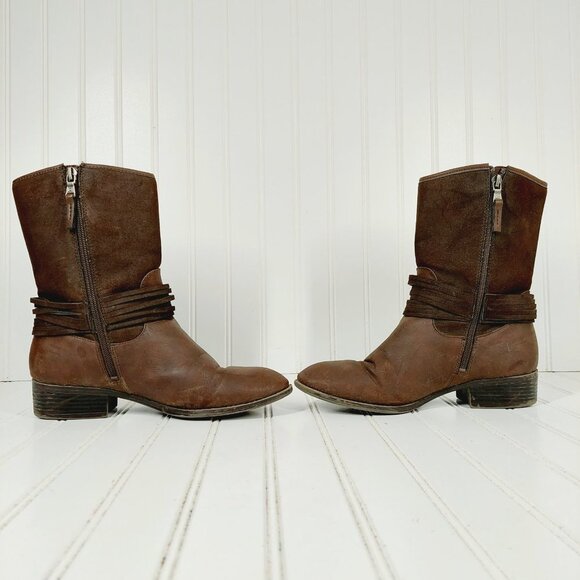 Chaps Gari Brown Leather Slip On Buckle Detail Side Zipper Mid-Shaft Boots D208 - Picture 7 of 12